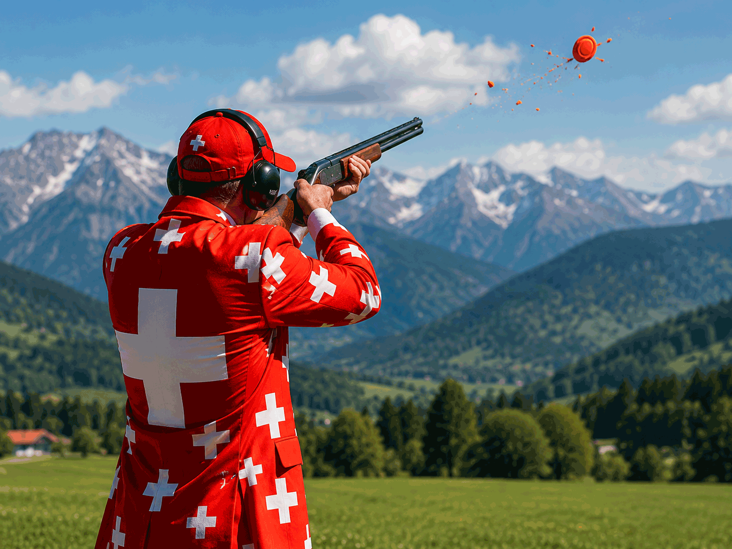 Schütze im Anzug mit Schweizer-Flaggenmotiv beim Tontaubenschießen
